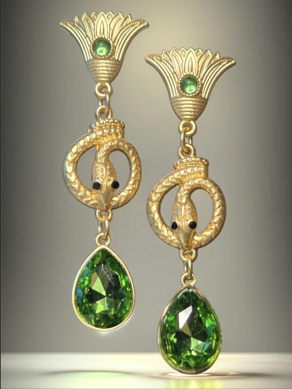 18k Matte Gold Plated Coiled Snake Green Crystal Drop Dangle Earrings - Picture 6 of 6